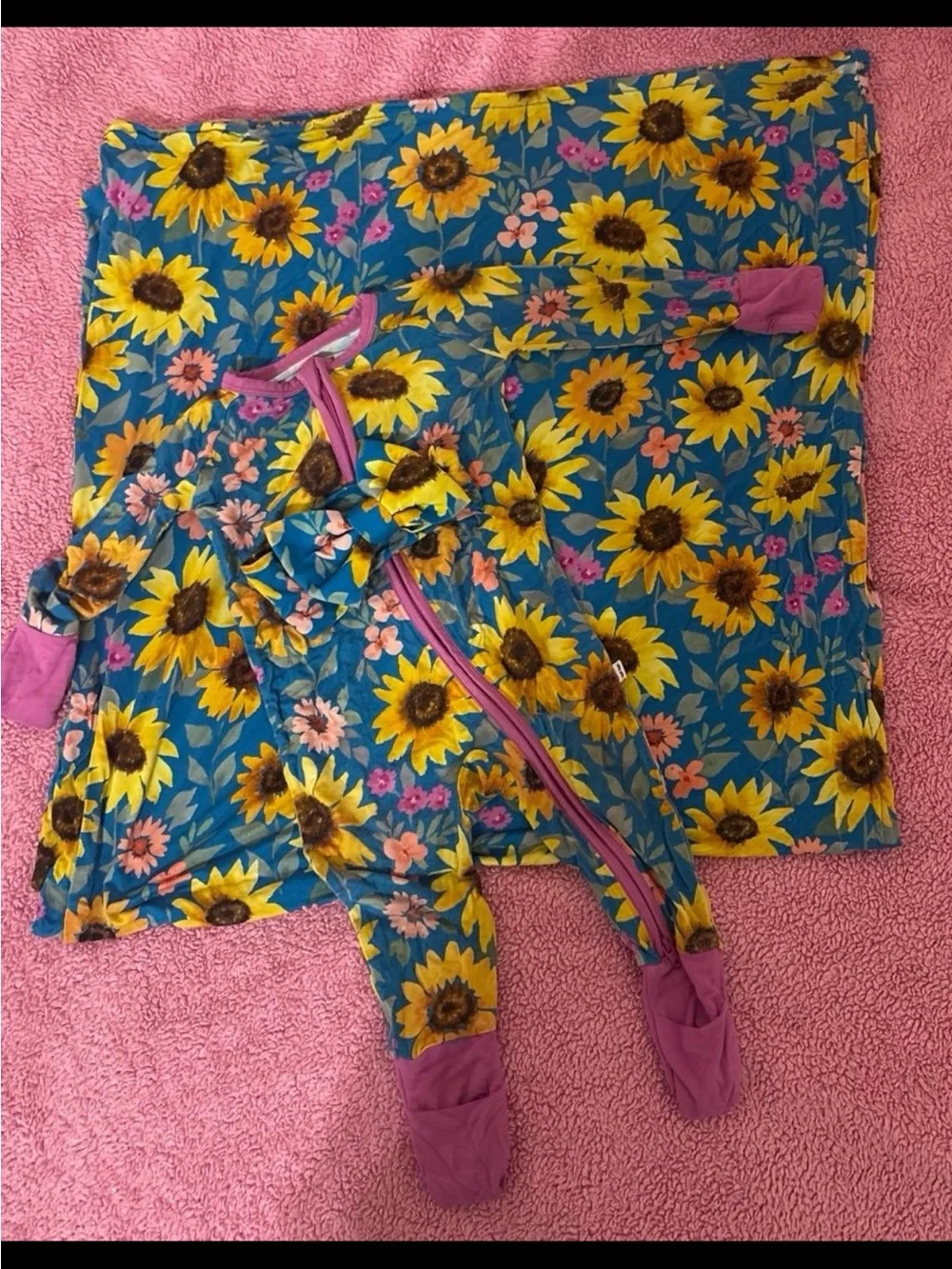 Little Sleepies Sunflower Blue Zip Pajama Set with Swaddle & Bow